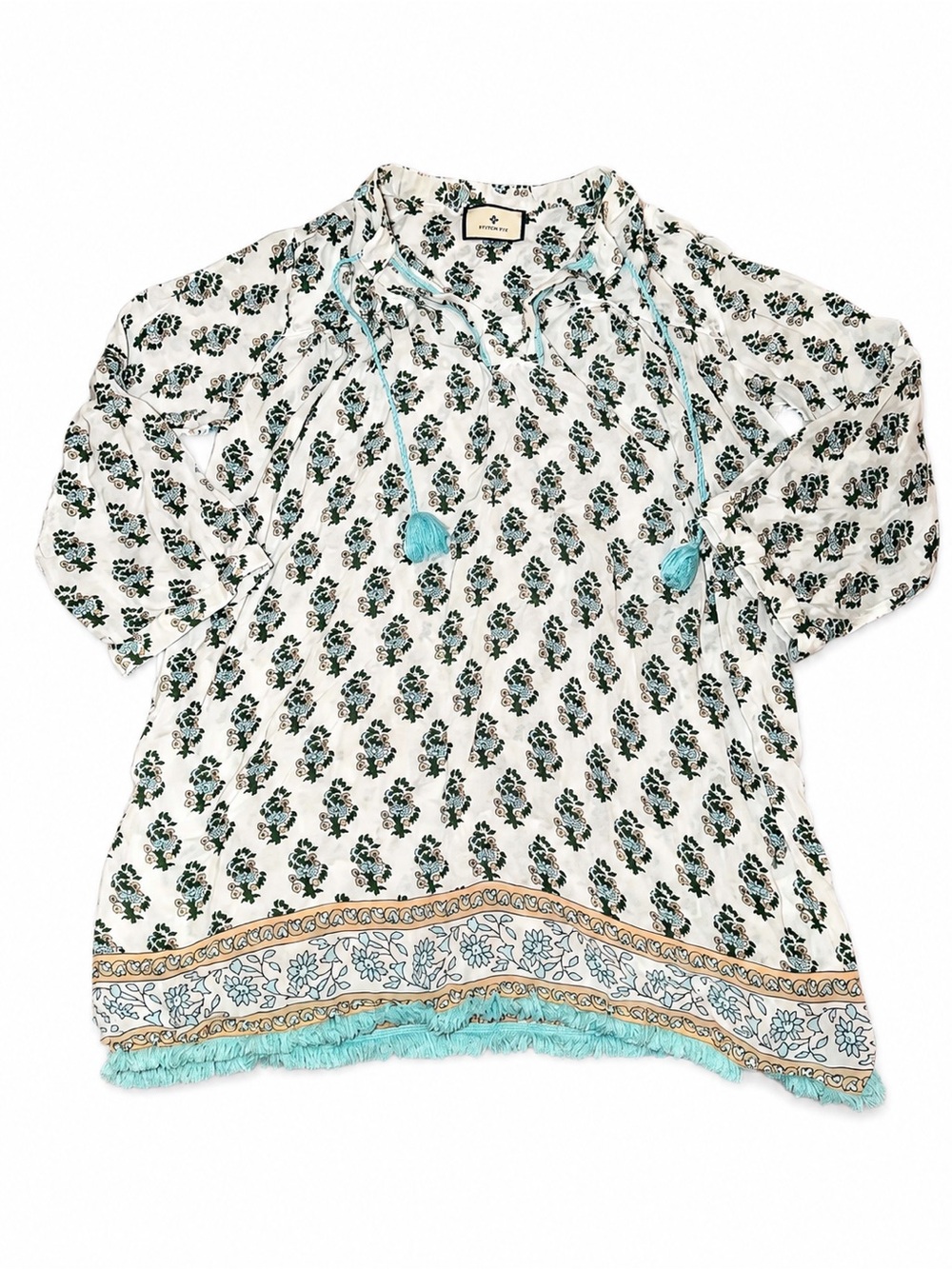 Tuckernuck White Floral Tassel-Trim Tunic with Aqua Accents